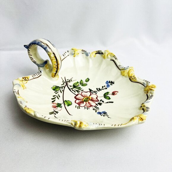Italian Hand-Painted Vintage Ceramic Dish with Handle - Floral Design, Scalloped - Picture 1 of 10